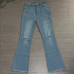 SHEIN Blue Flare Wide Leg Jeans with Distressed Details